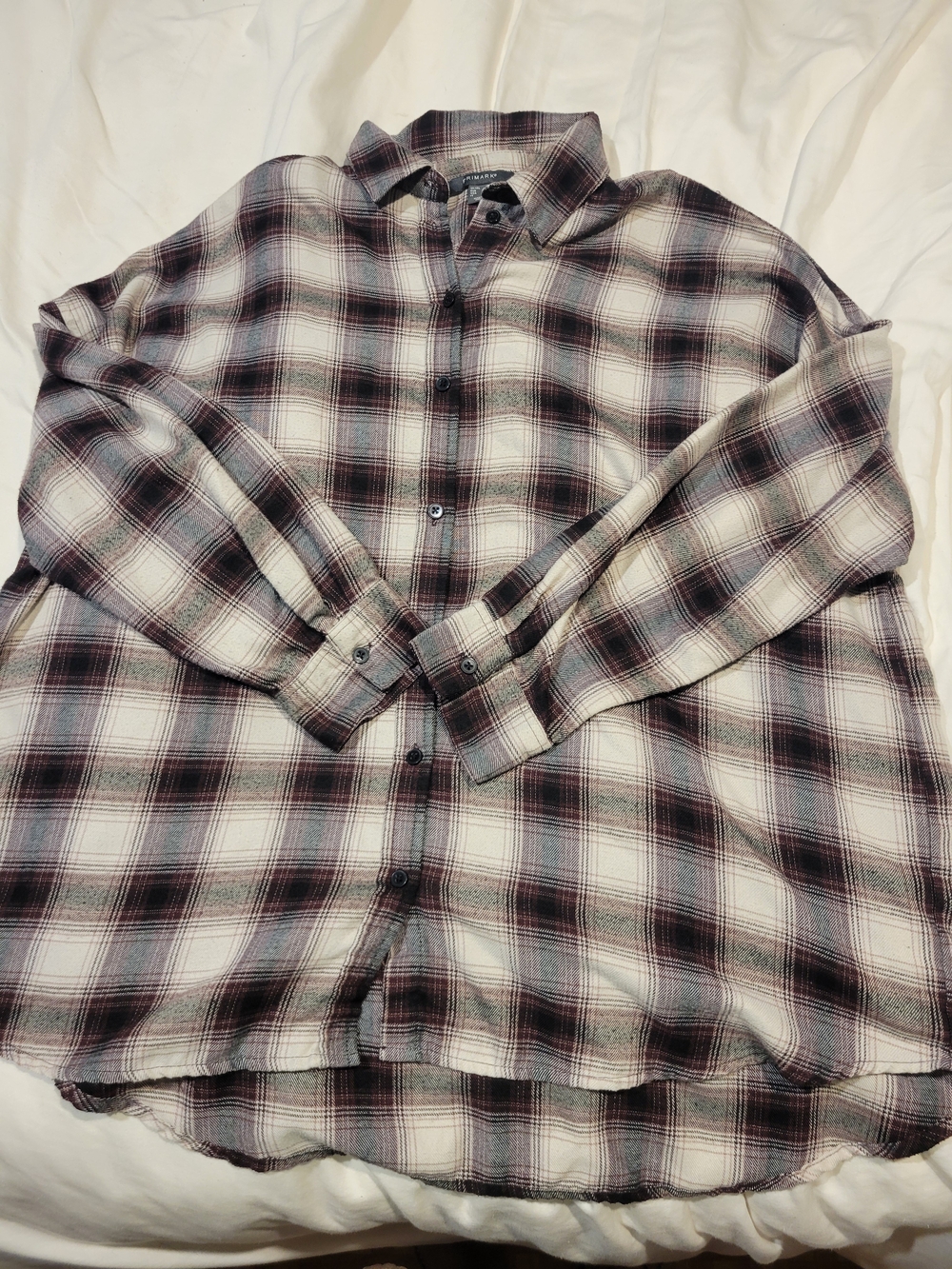Primark Plaid Button-Up Shirt - White, Black & Burgundy Hues